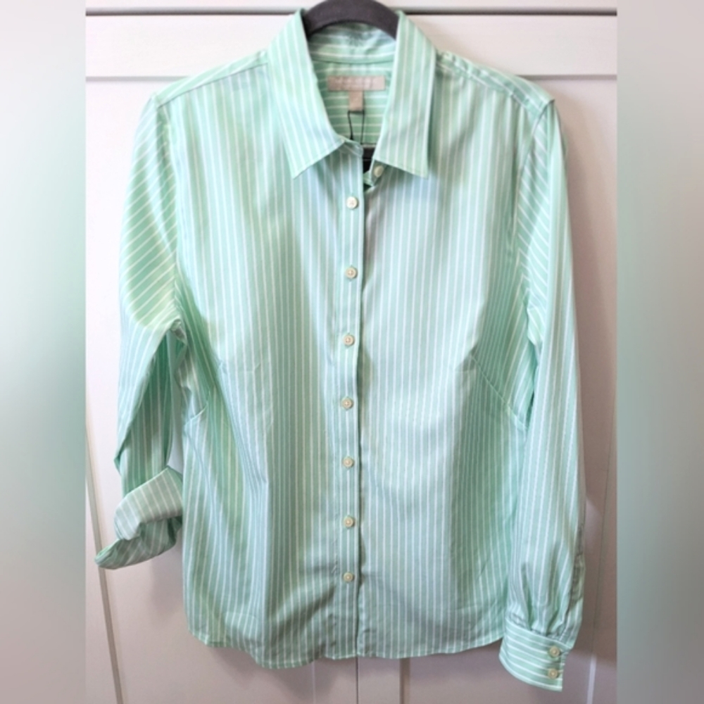 BANANA REPUBLIC, Non Iron Fitted Shirt, Green and White, Size 14